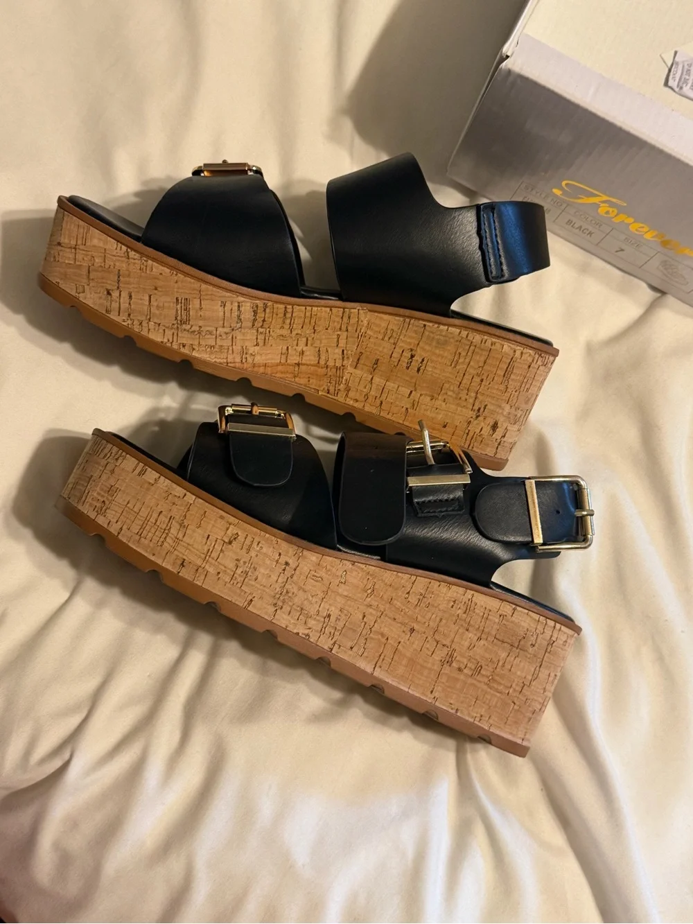 Fashion Nova Black Cork Platform Sandals with Buckle Straps